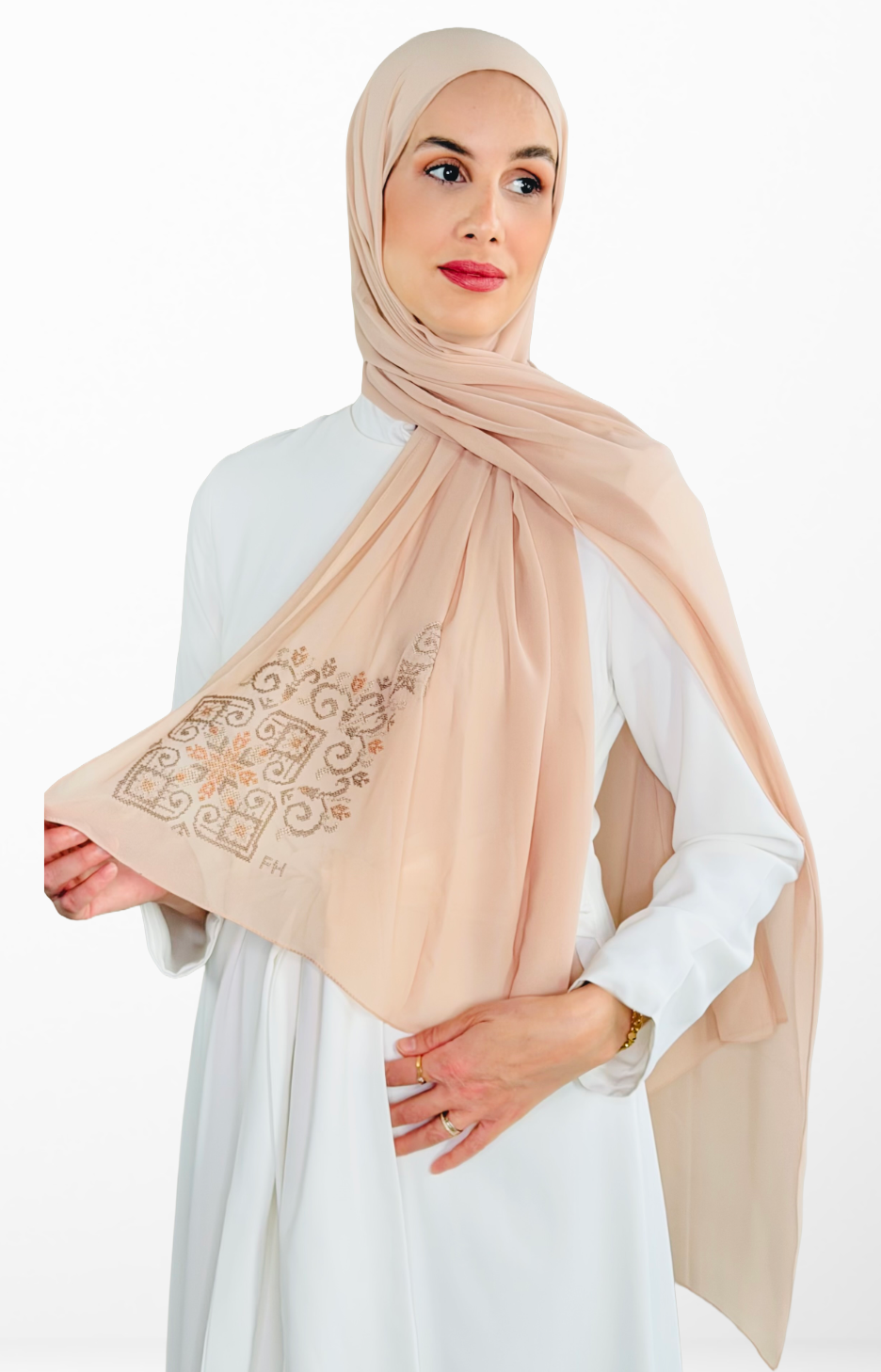 Tatreez Embroidered Hijab | Hebron -  Dark Beige