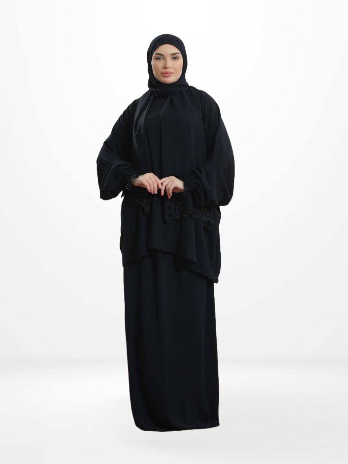 Two-Piece Prayer Set Dress & Abaya with attached Hijab - Plain Fabric