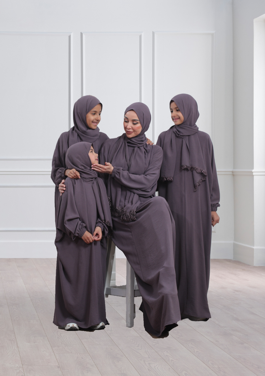 One-Piece Prayer Set Dress & Abaya with attached Hijab - Plain Girls Size