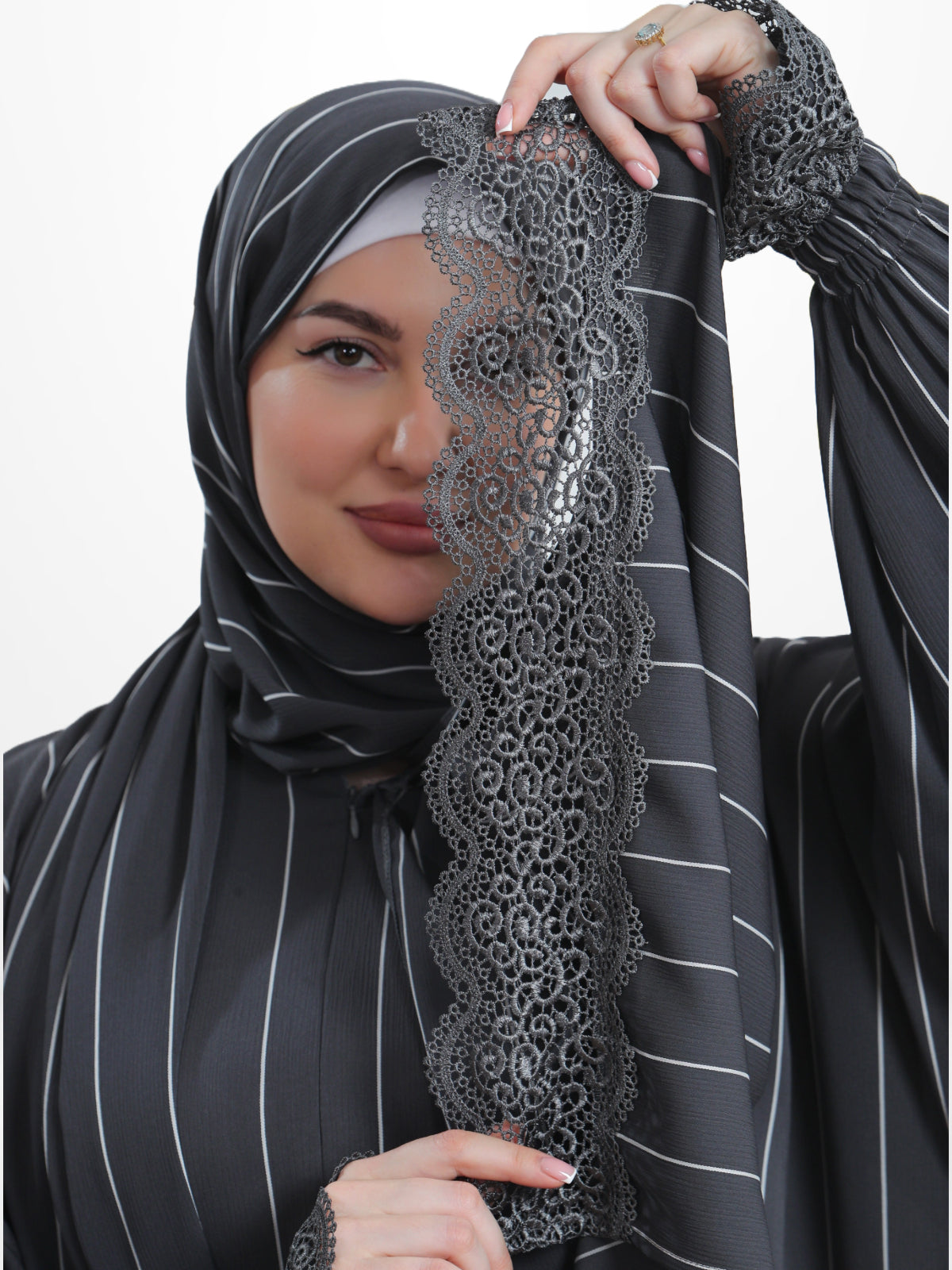 One-Piece Prayer Set Dress & Abaya with attached Hijab - Striped Crepe