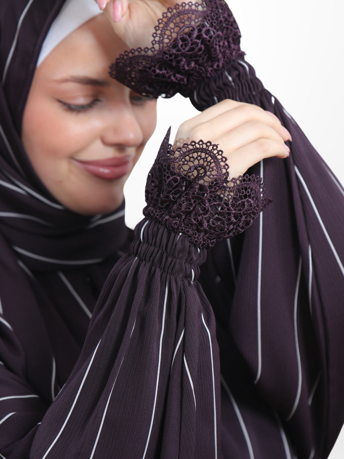 One-Piece Prayer Set Dress & Abaya with attached Hijab - Striped Crepe