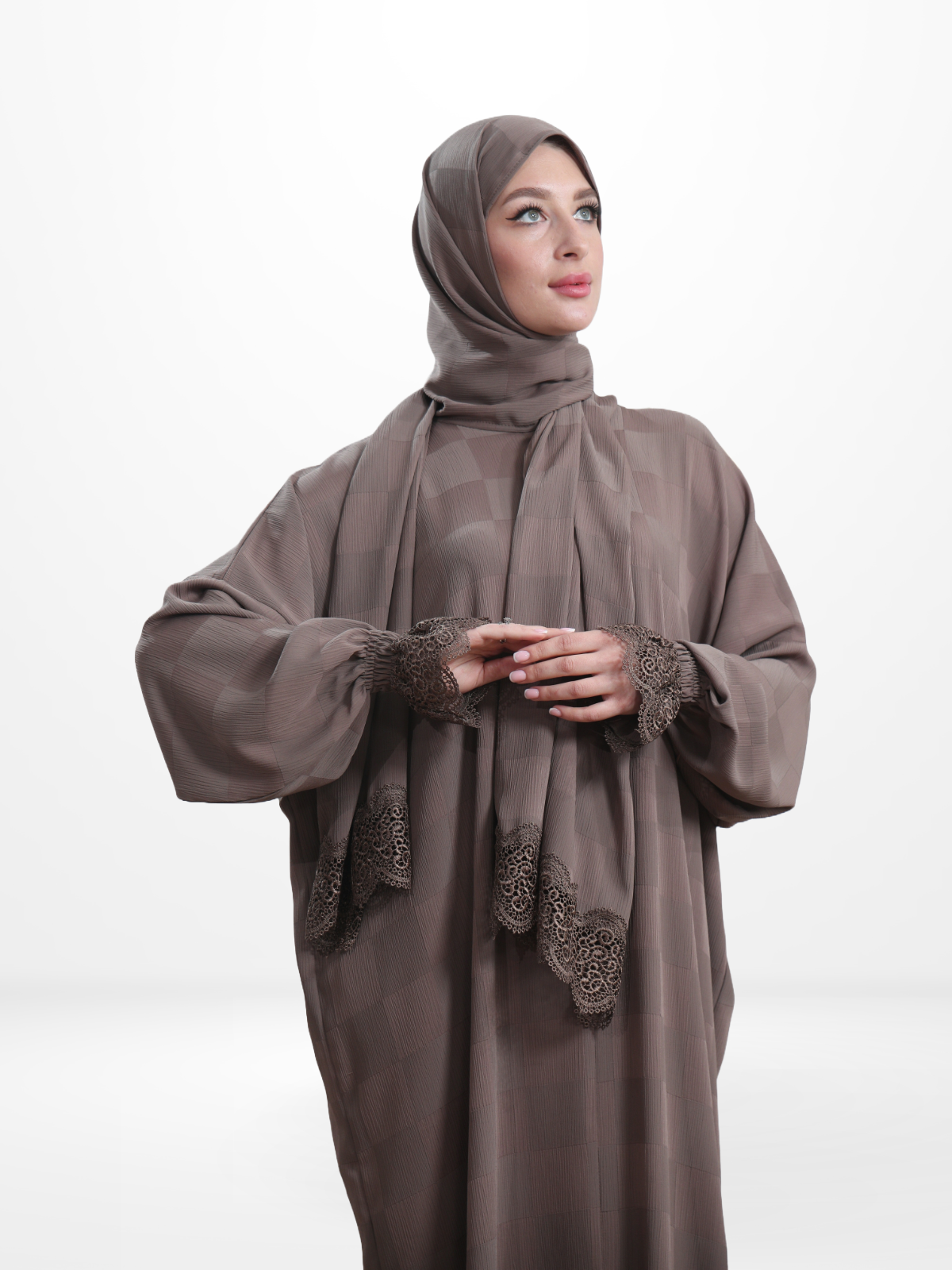 One-Piece Prayer Dress & Abaya with attached Hijab - Plaid Patterned Crepe