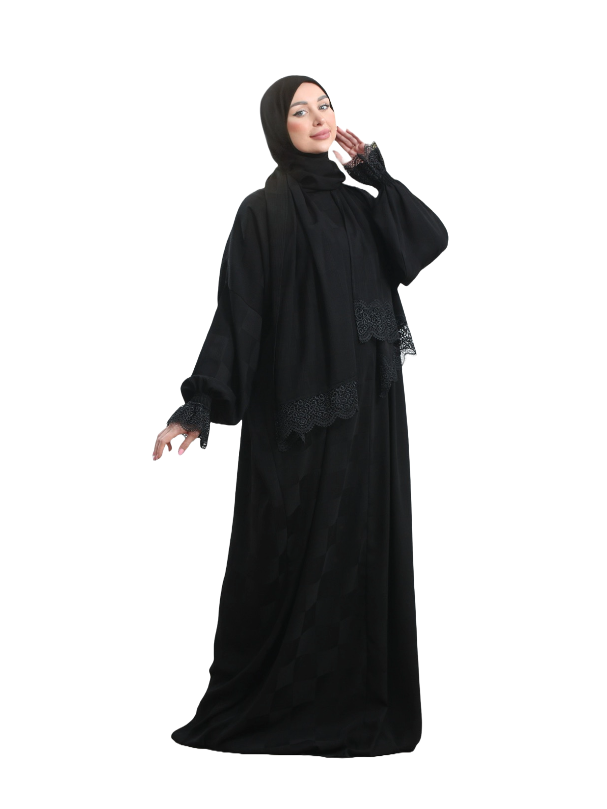 One-Piece Prayer Dress & Abaya with attached Hijab - Plaid Patterned Crepe