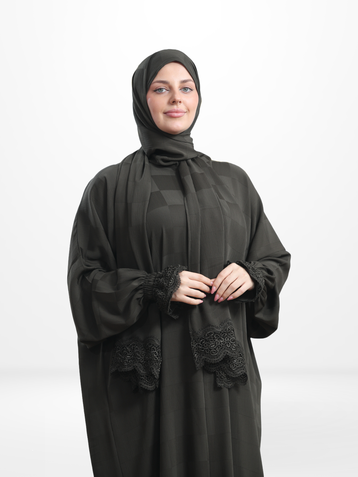 One-Piece Prayer Dress & Abaya with attached Hijab - Plaid Patterned Crepe