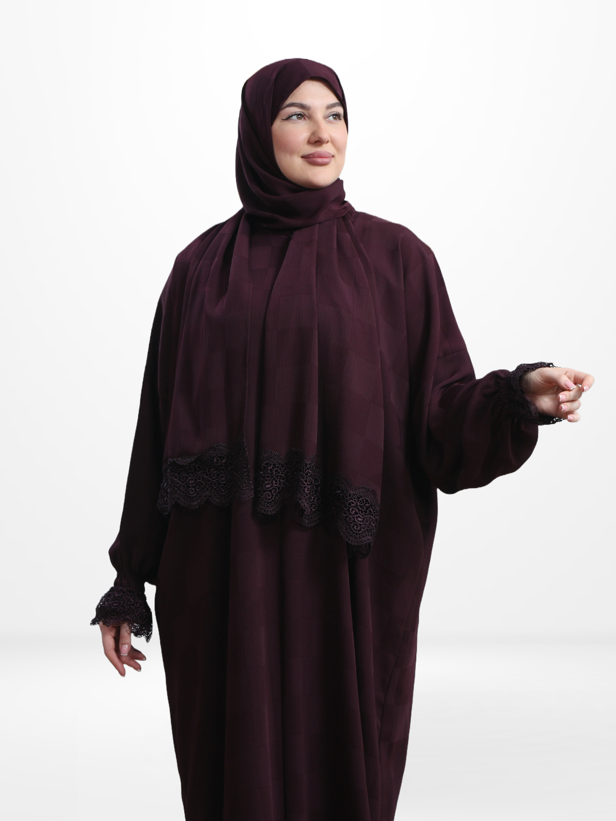 One-Piece Prayer Dress & Abaya with attached Hijab - Plaid Patterned Crepe