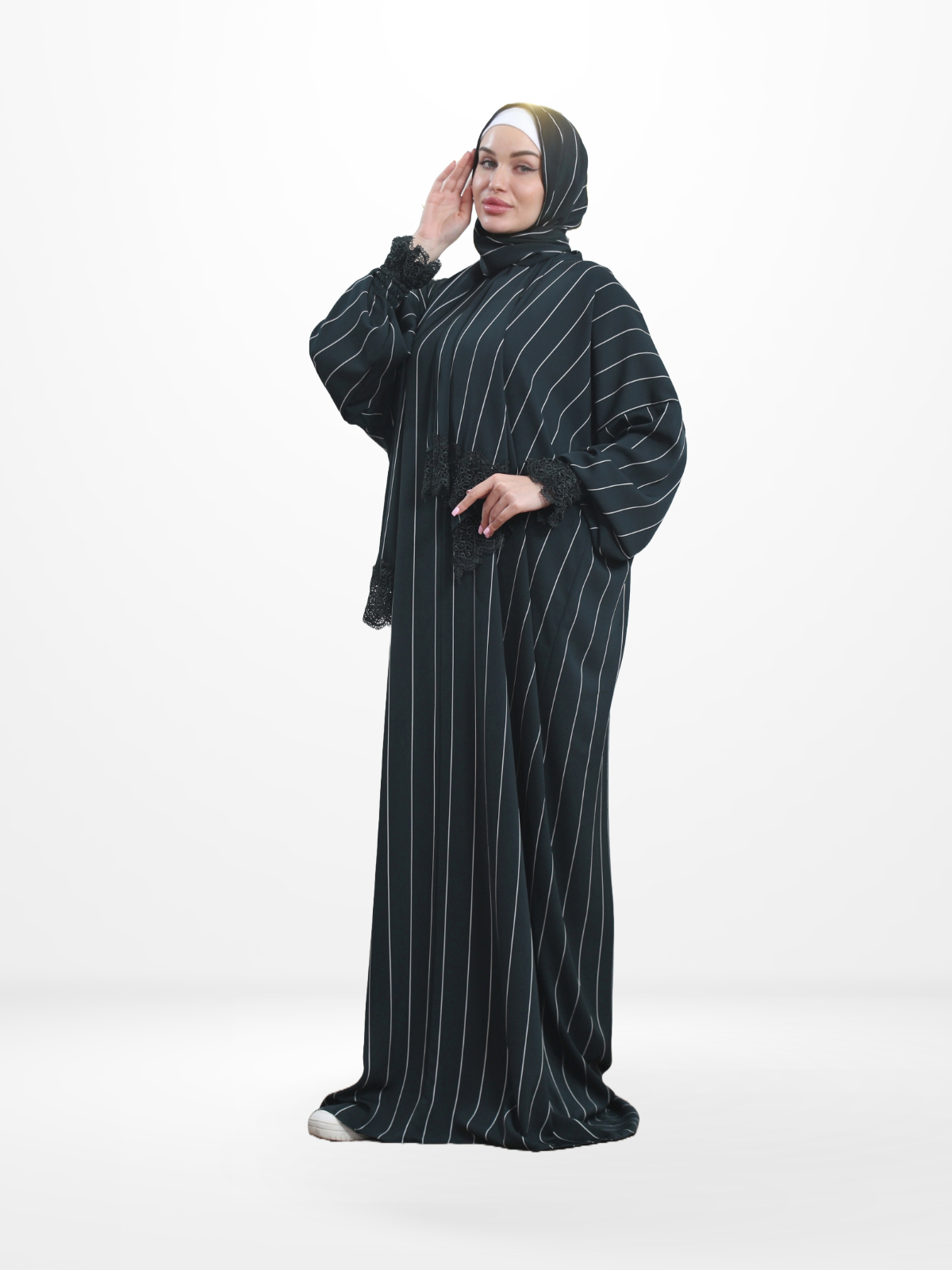 One-Piece Prayer Dress & Abaya with attached Hijab - Striped Crepe