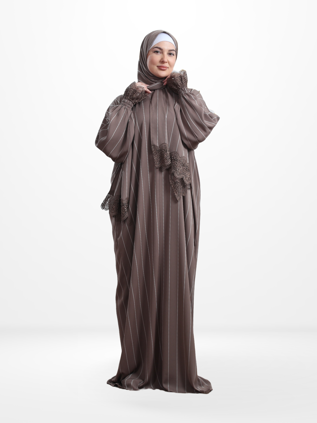 One-Piece Prayer Dress & Abaya with attached Hijab - Striped Crepe