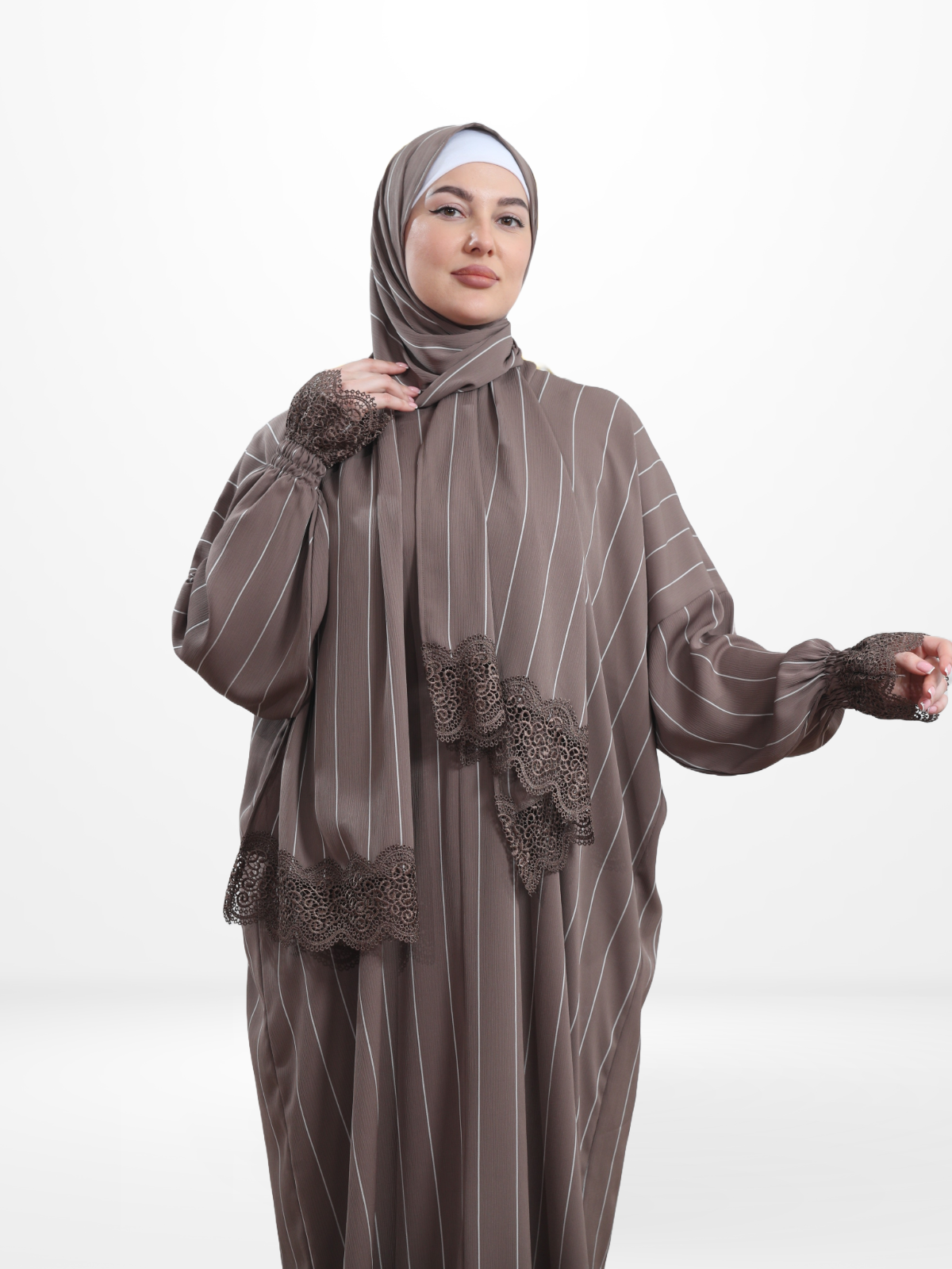 One-Piece Prayer Dress & Abaya with attached Hijab - Striped Crepe