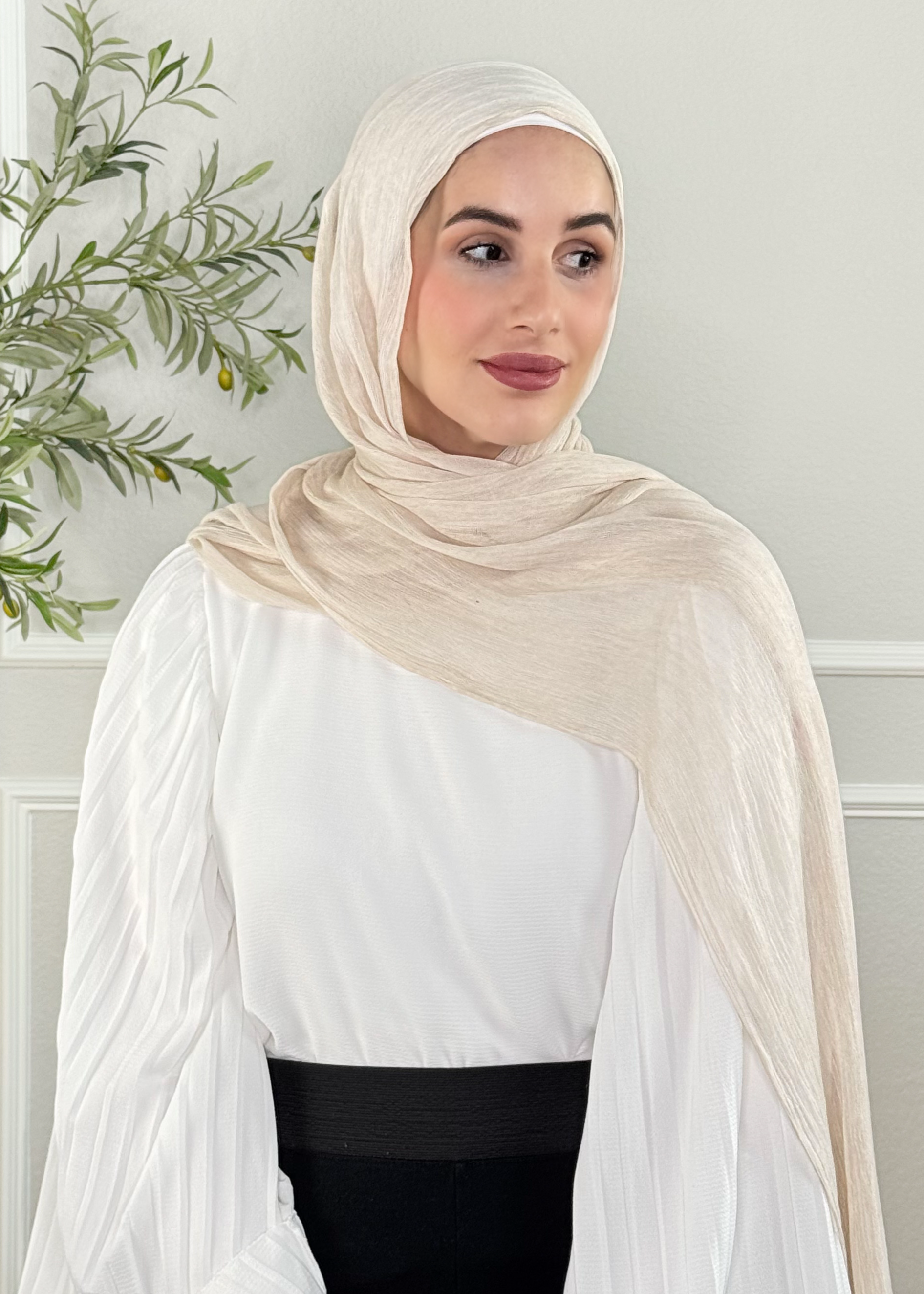 Woman wearing a beige hijab in a minimalistic setting with a plant in the background