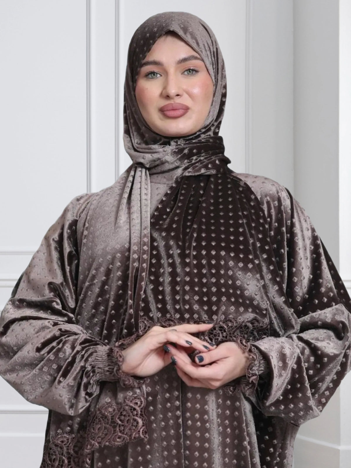 One-Piece Prayer Set Dress & Abaya with attached Hijab - Dotted Velvet