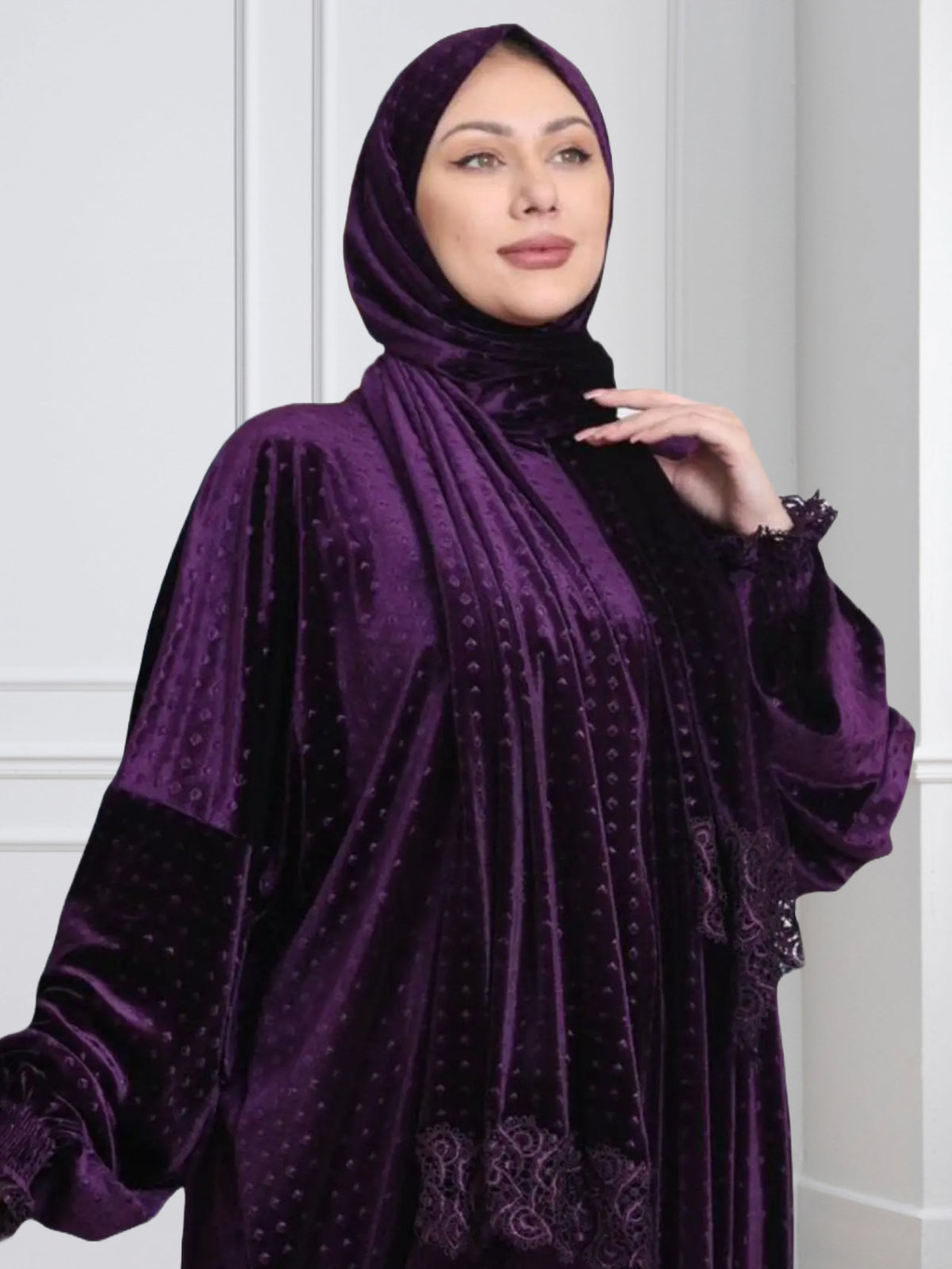 One-Piece Prayer Set Dress & Abaya with attached Hijab - Dotted Velvet