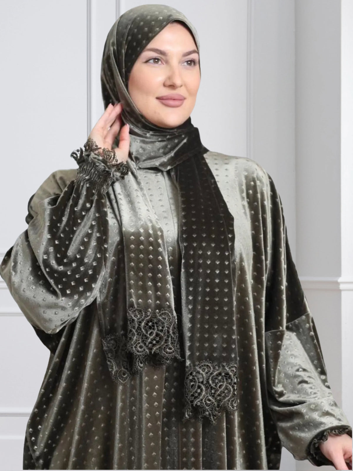 One-Piece Prayer Set Dress & Abaya with attached Hijab - Dotted Velvet