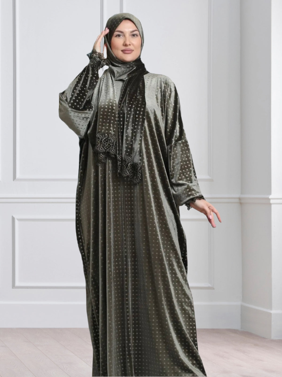 One-Piece Prayer Set Dress & Abaya with attached Hijab - Dotted Velvet