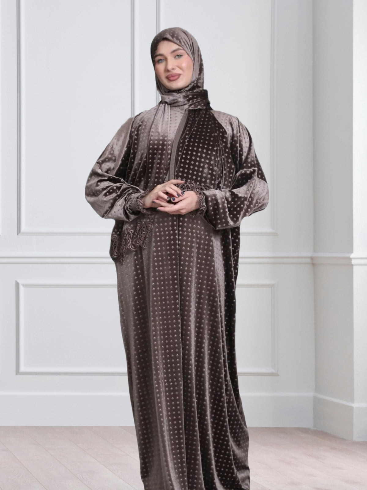 One-Piece Prayer Set Dress & Abaya with attached Hijab - Dotted Velvet