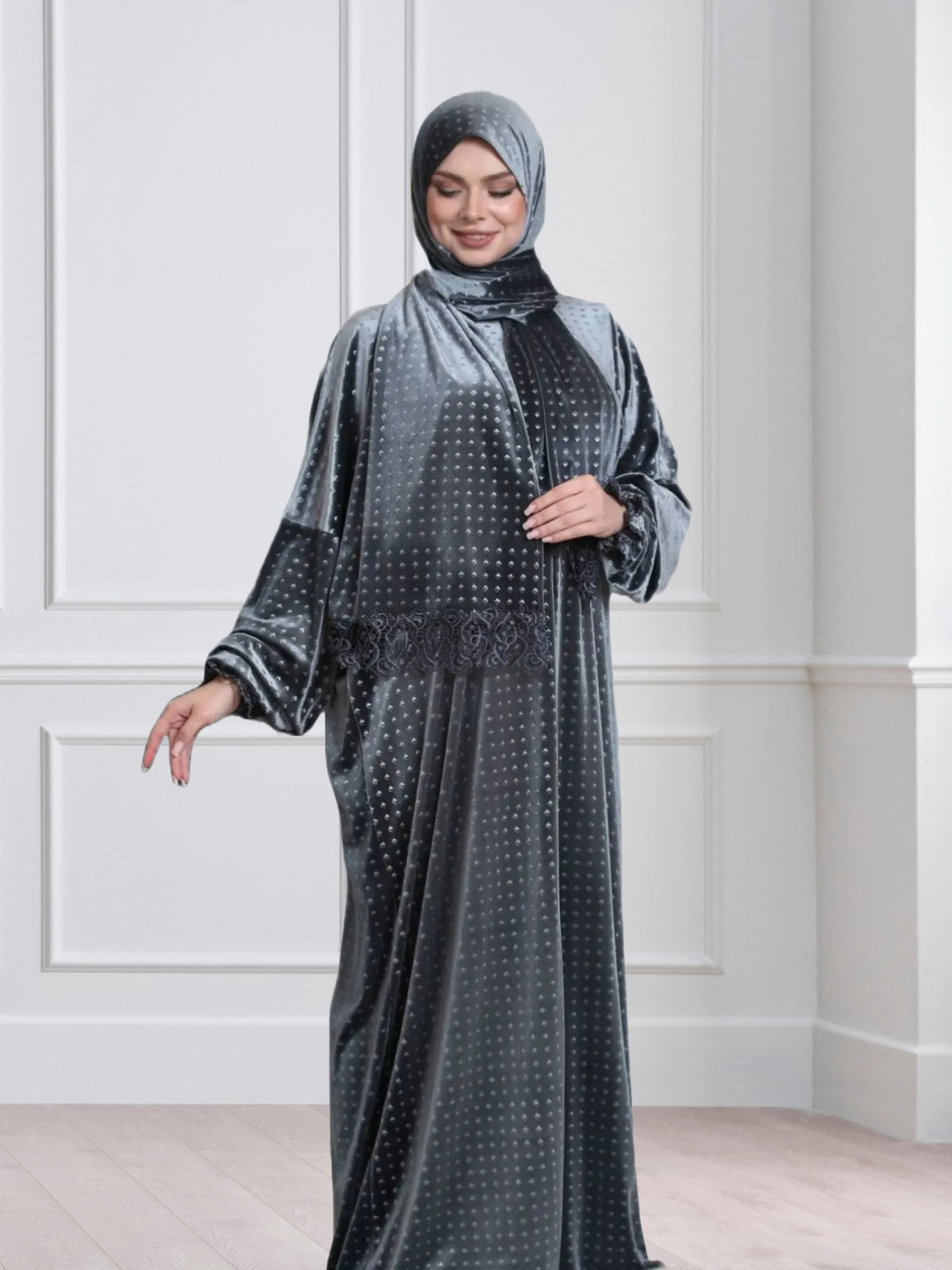 One-Piece Prayer Set Dress & Abaya with attached Hijab - Dotted Velvet