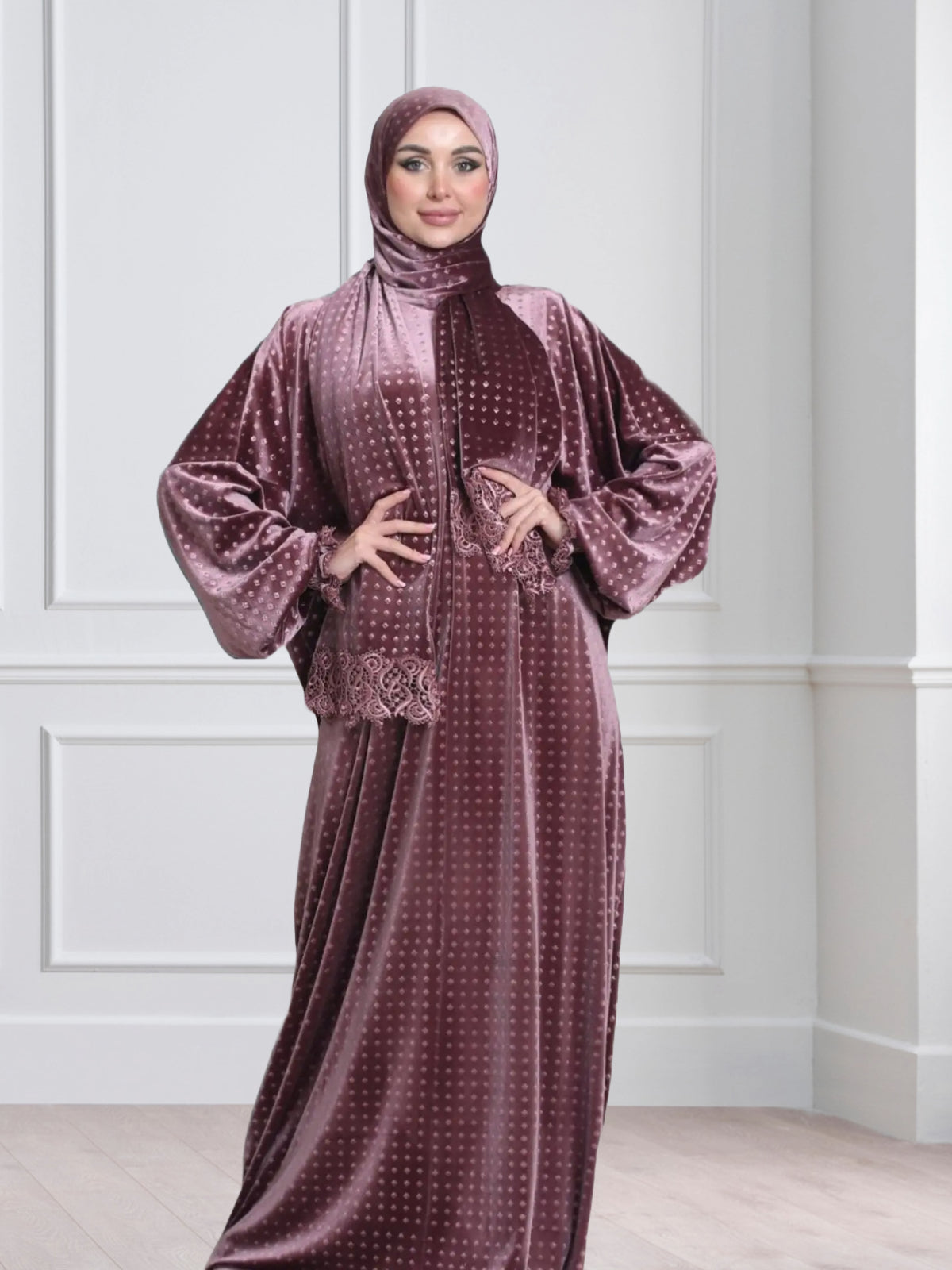 One-Piece Prayer Set Dress & Abaya with attached Hijab - Dotted Velvet