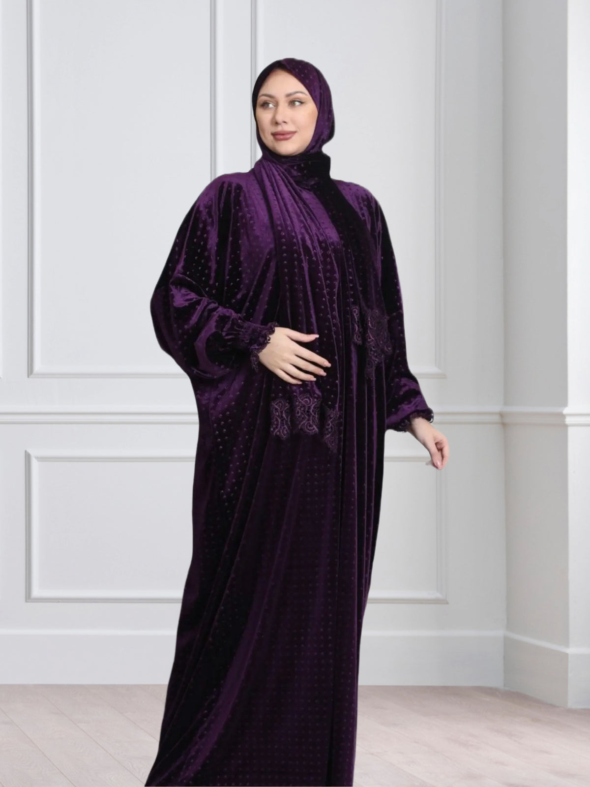 One-Piece Prayer Set Dress & Abaya with attached Hijab - Dotted Velvet