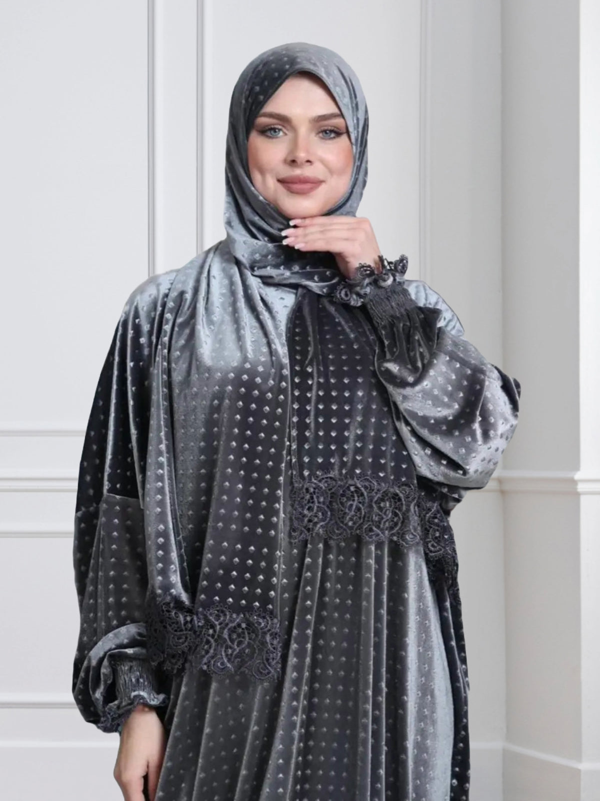 One-Piece Prayer Set Dress & Abaya with attached Hijab - Dotted Velvet