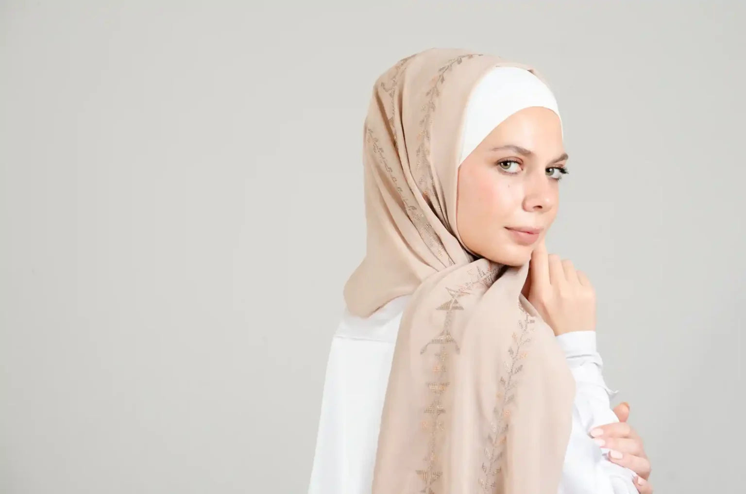 Tatreez Embroidered Hijab | Cypress Vine - Dark beige