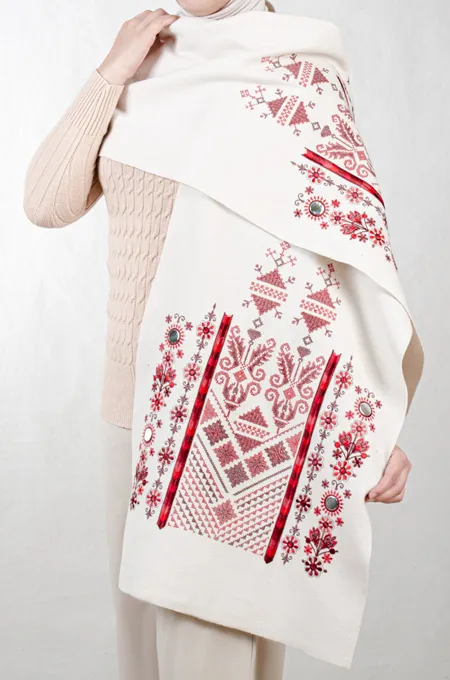 Tatreez Embroidered Shawl | Nabati Ivory - Red Mix
