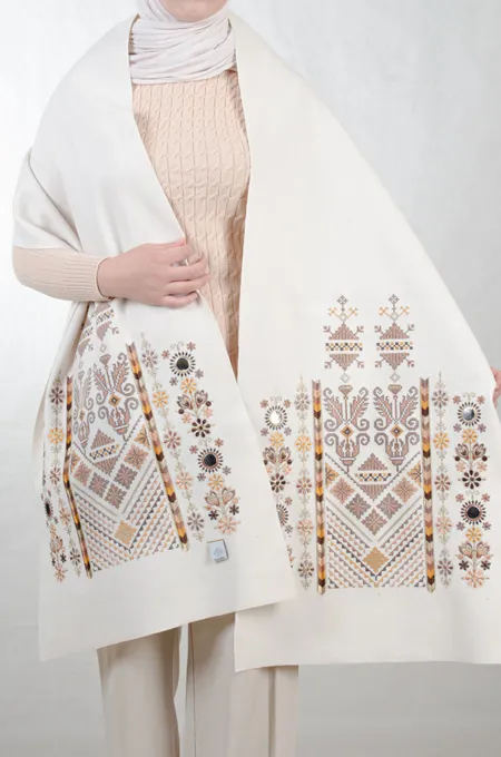 Tatreez Embroidered Shawl | Nabati Ivory - Brown Mix