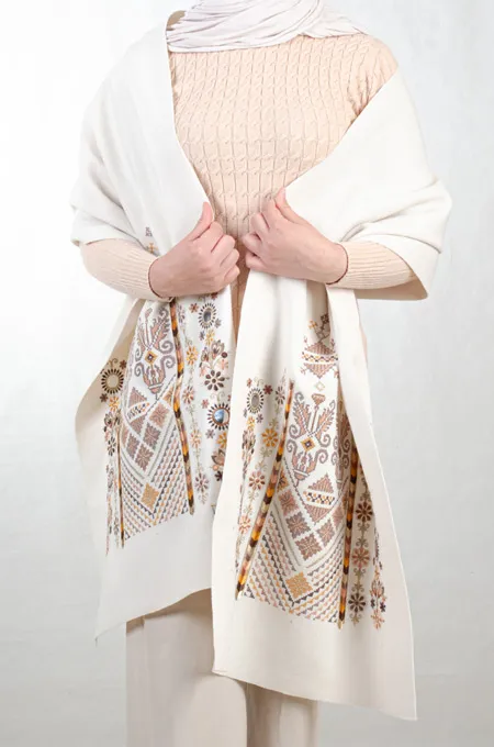 Tatreez Embroidered Shawl | Nabati Ivory - Brown Mix