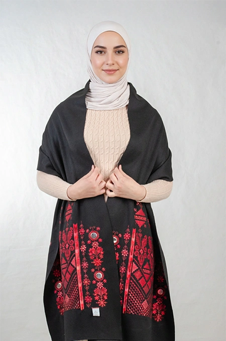 Tatreez Embroidered Shawl | Nabati Black - Red Mix