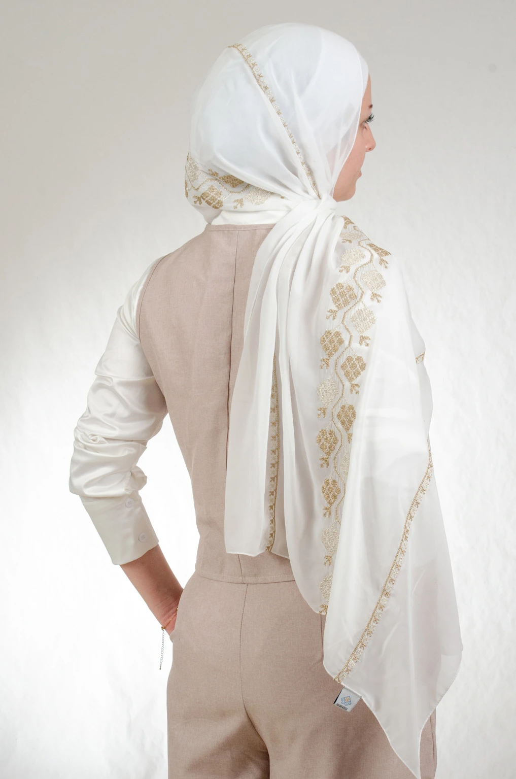 Tatreez Embroidered Hijab | The Dalia - Offwhite & Gold