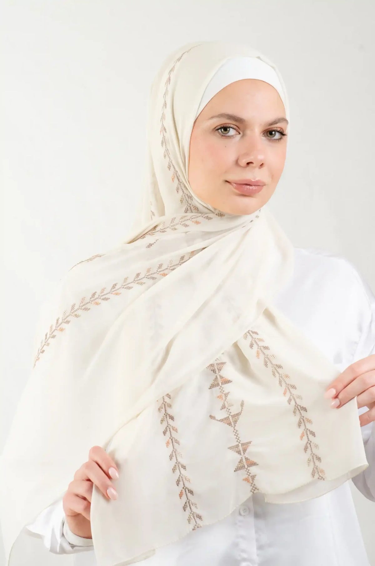 Tatreez Embroidered Hijab | Cypress Vine - Beige