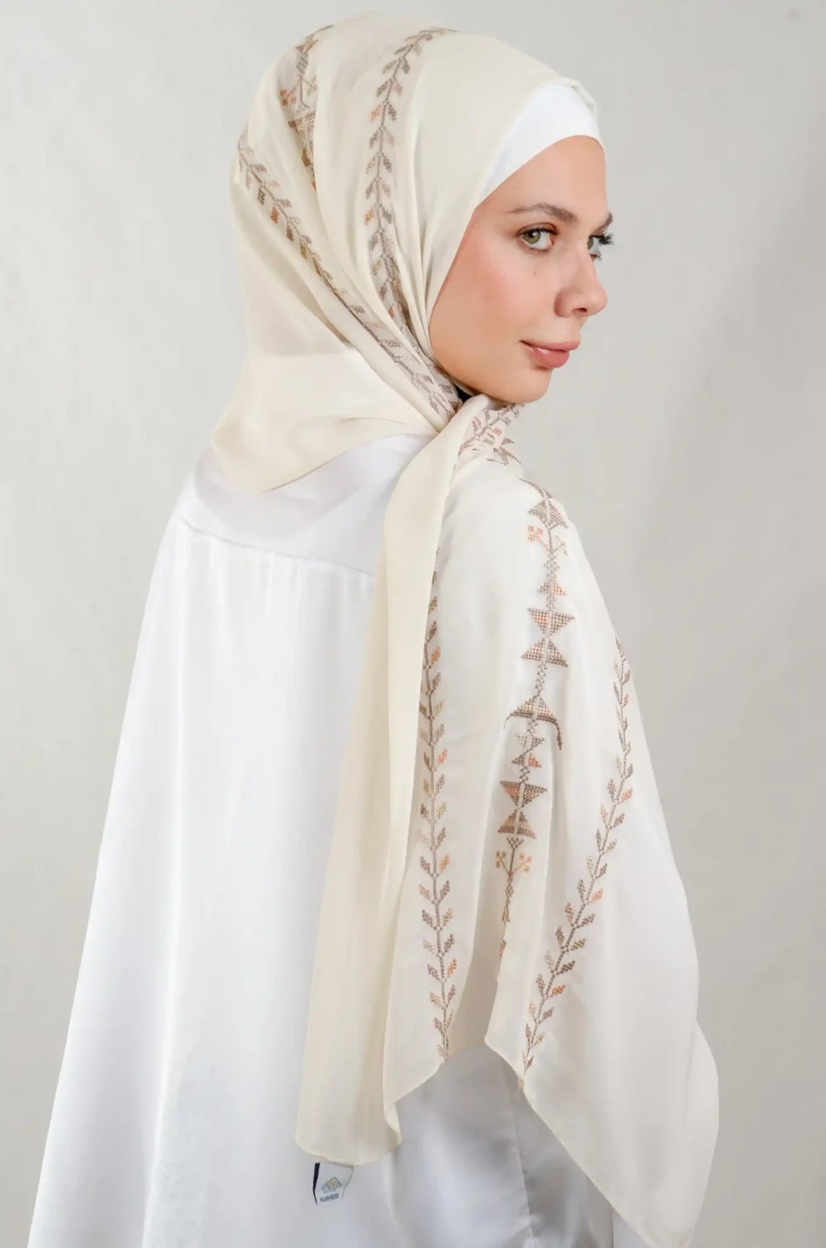Tatreez Embroidered Hijab | Cypress Vine - Beige