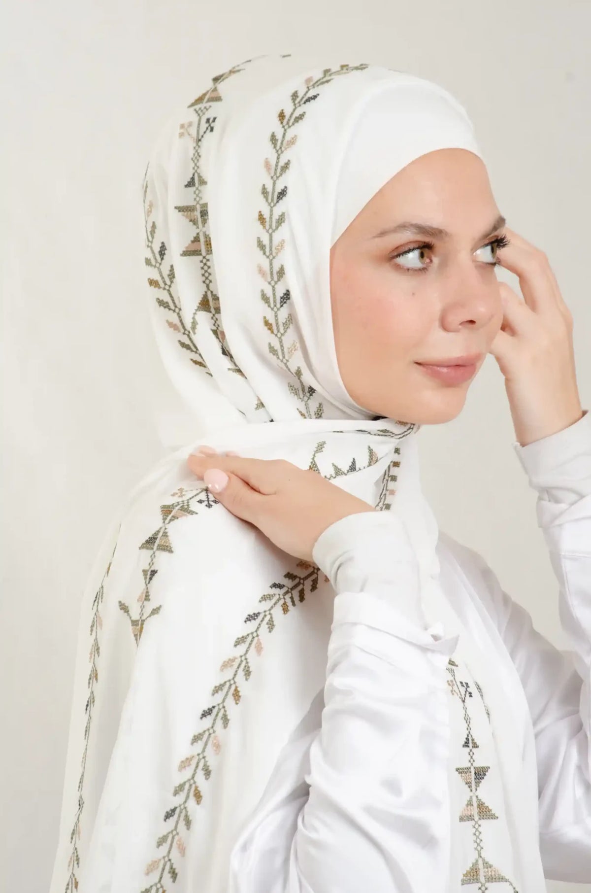 Tatreez Embroidered Hijab | Cypress Vine - Olive