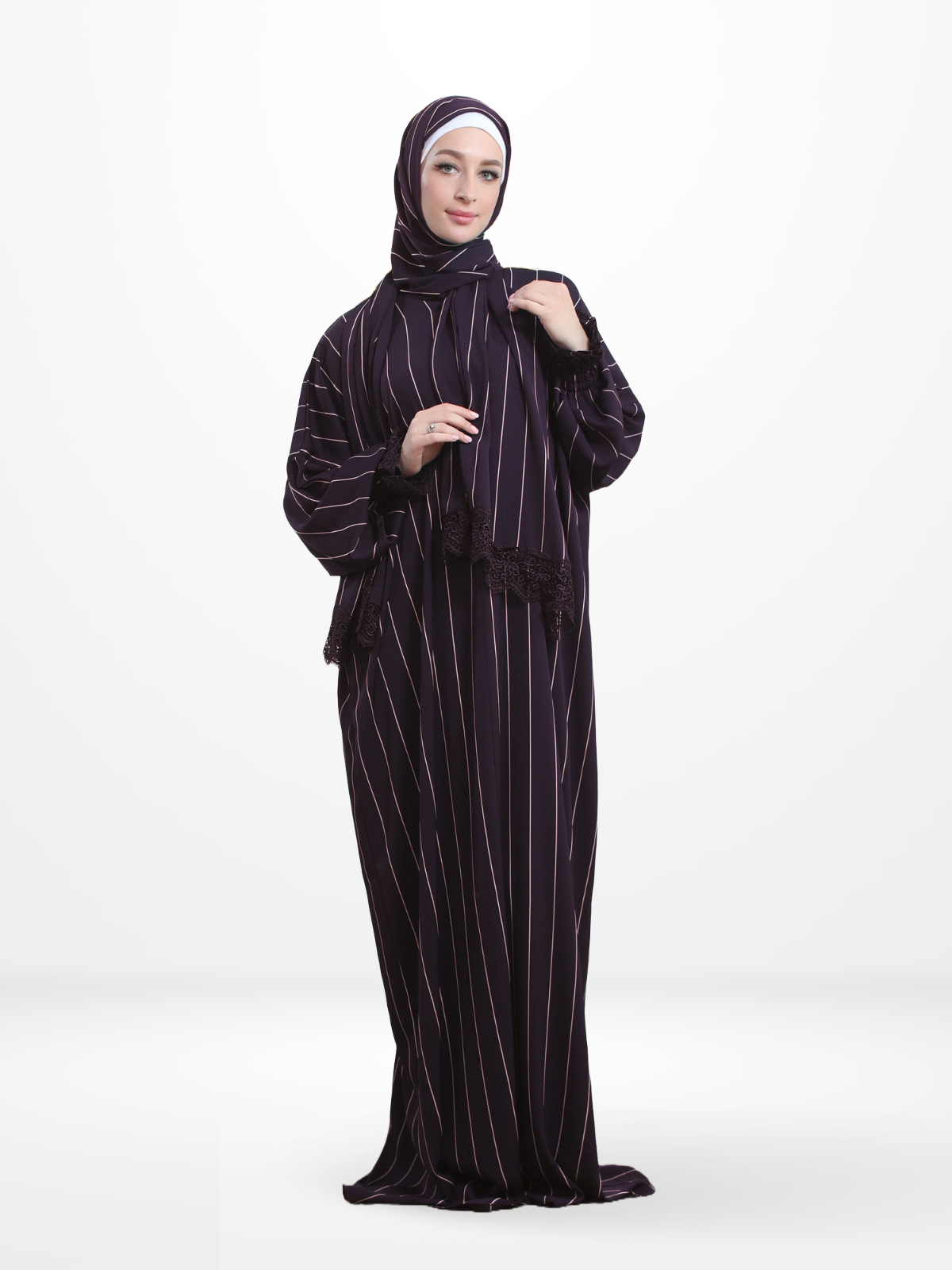 One-Piece Prayer Set Dress & Abaya with attached Hijab - Striped Crepe