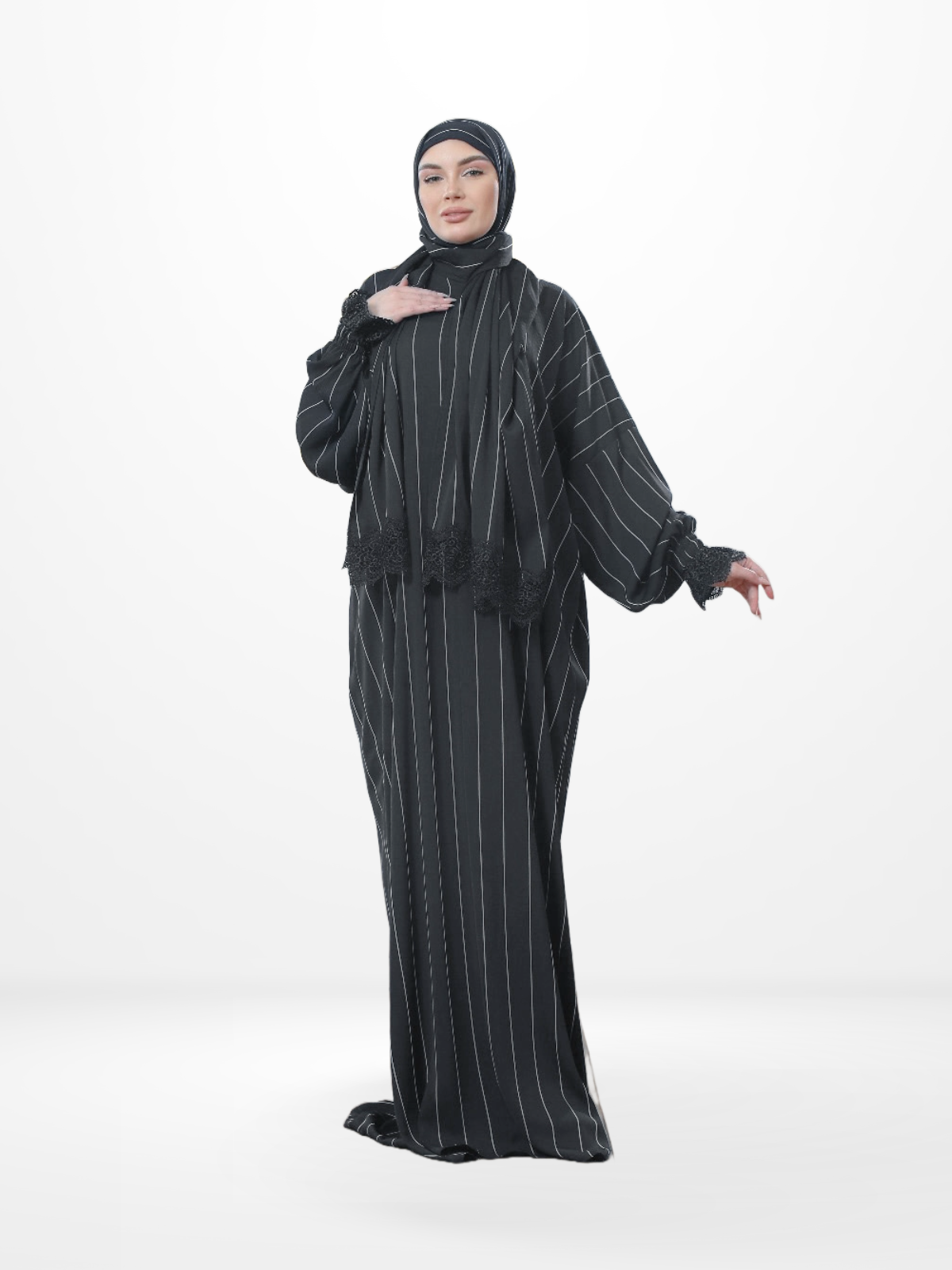 One-Piece Prayer Dress & Abaya with attached Hijab - Striped Crepe