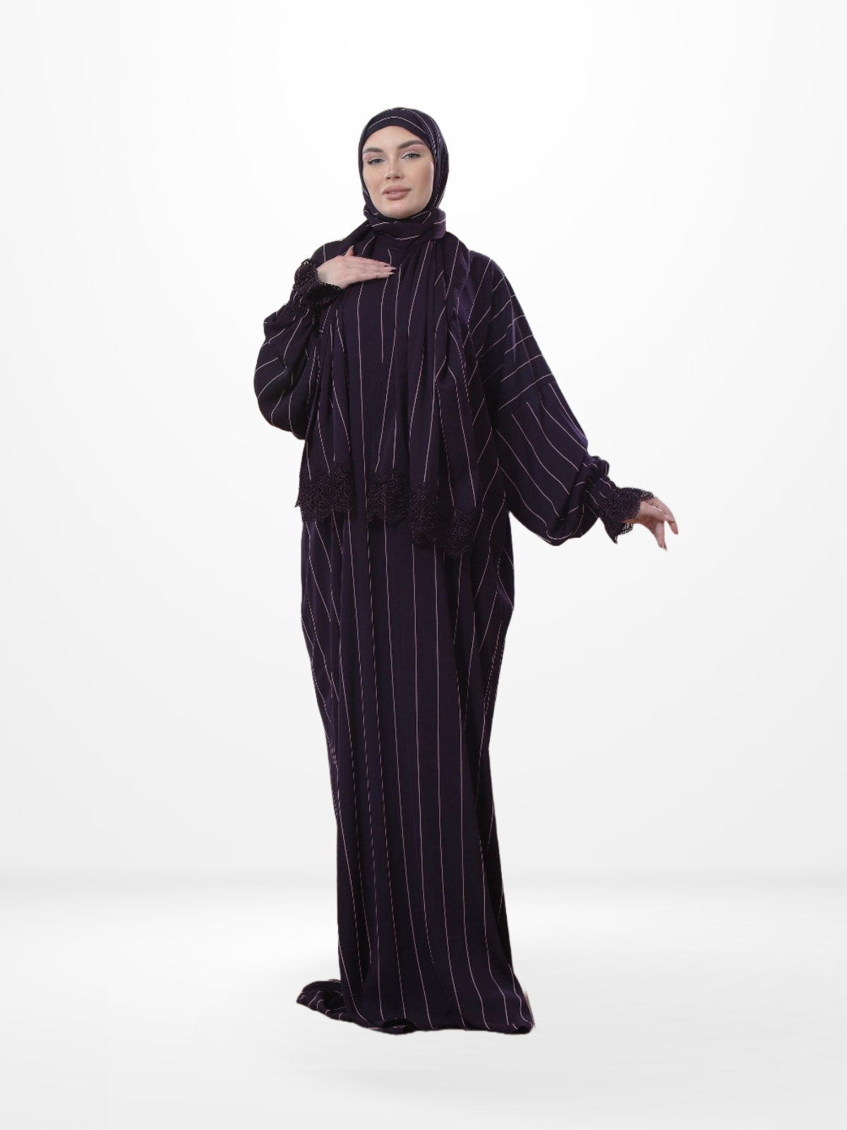 One-Piece Prayer Dress & Abaya with attached Hijab - Striped Crepe