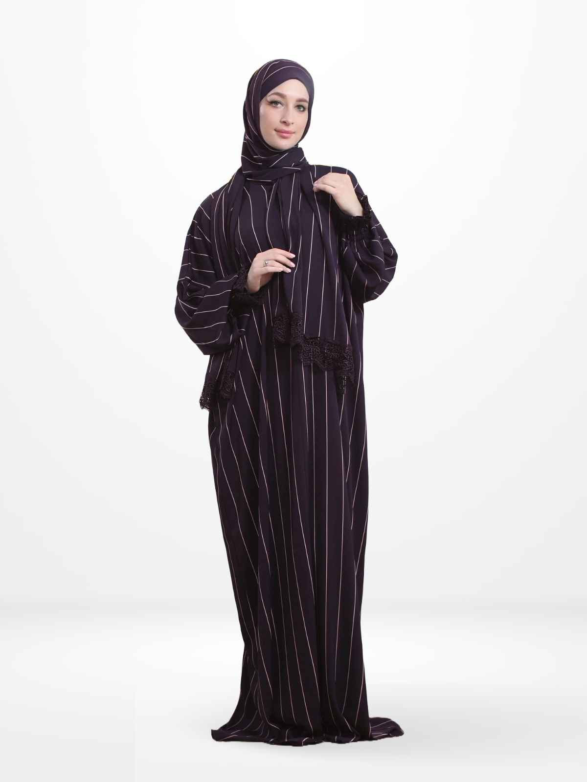 One-Piece Prayer Dress & Abaya with attached Hijab - Striped Crepe