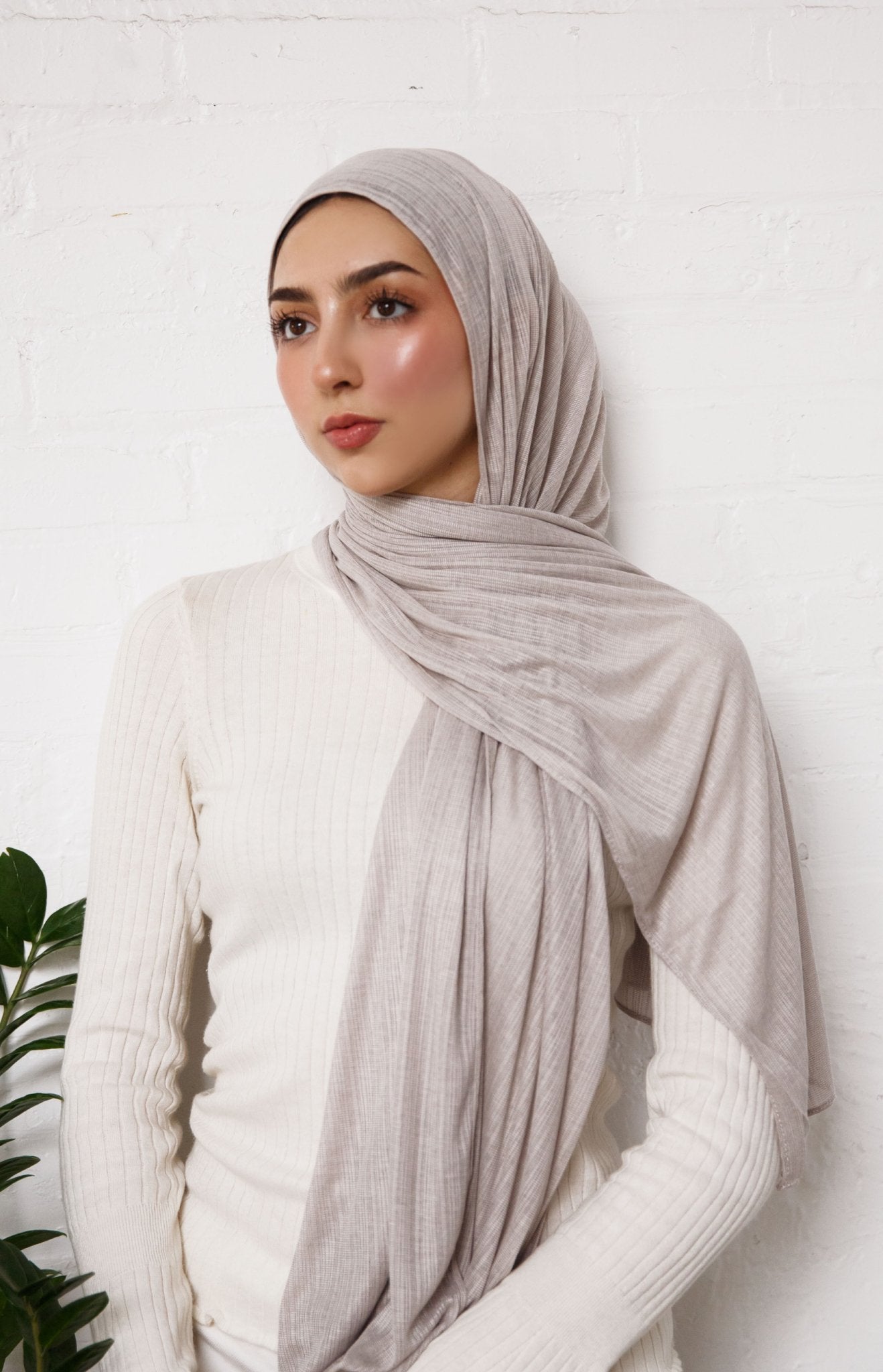 Greige Fine Striped Jersey Hijab - Modest Essence