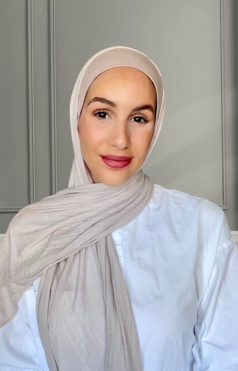 Matching Fine Striped Jersey Hijab Set - Greige - Modest Essence