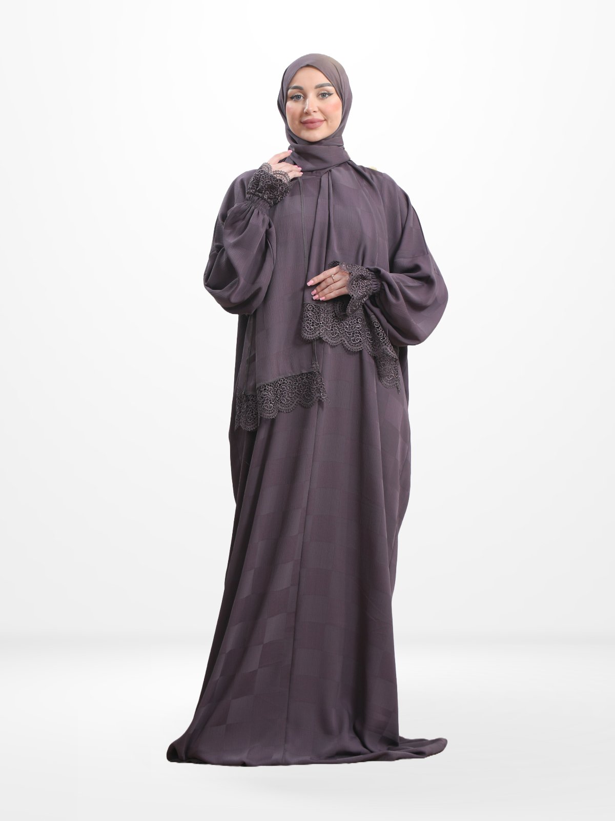 One - Piece Prayer Dress & Abaya with attached Hijab - Plaid Patterned Crepe - Modest Essence