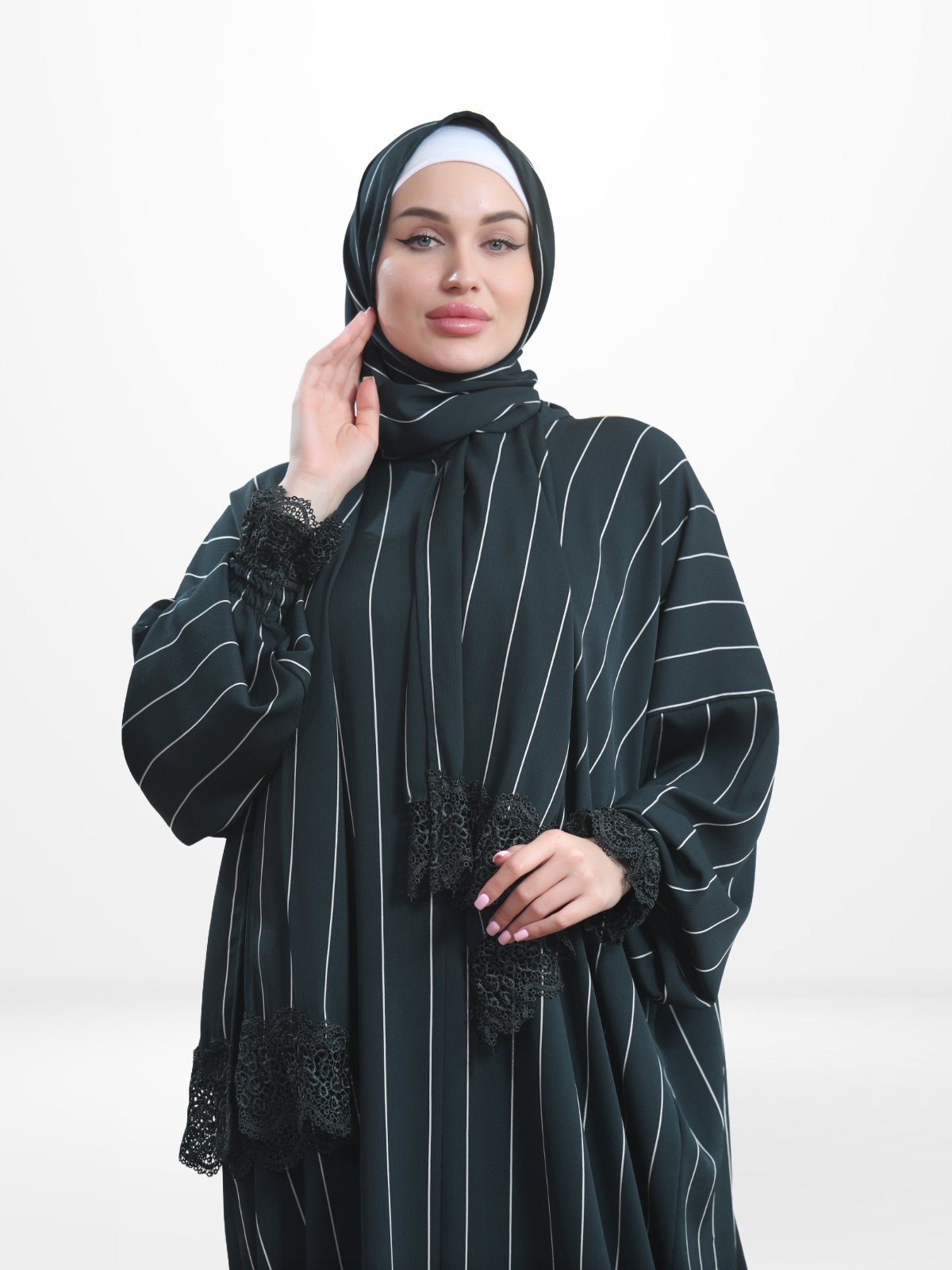 One-Piece Prayer Dress & Abaya with attached Hijab - Striped Crepe