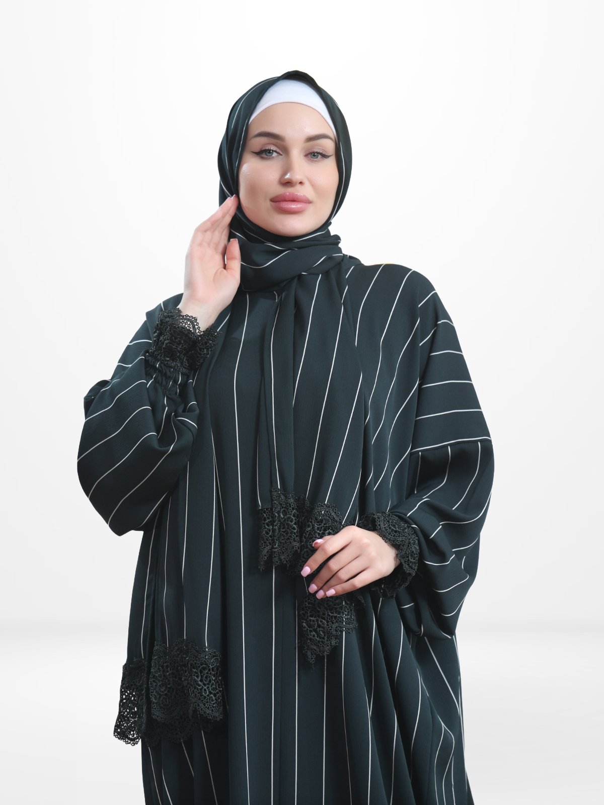 One - Piece Prayer Dress & Abaya with attached Hijab - Striped Crepe - Modest Essence