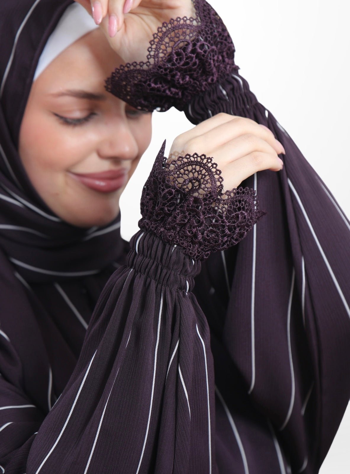One - Piece Prayer Dress & Abaya with attached Hijab - Striped Crepe - Modest Essence