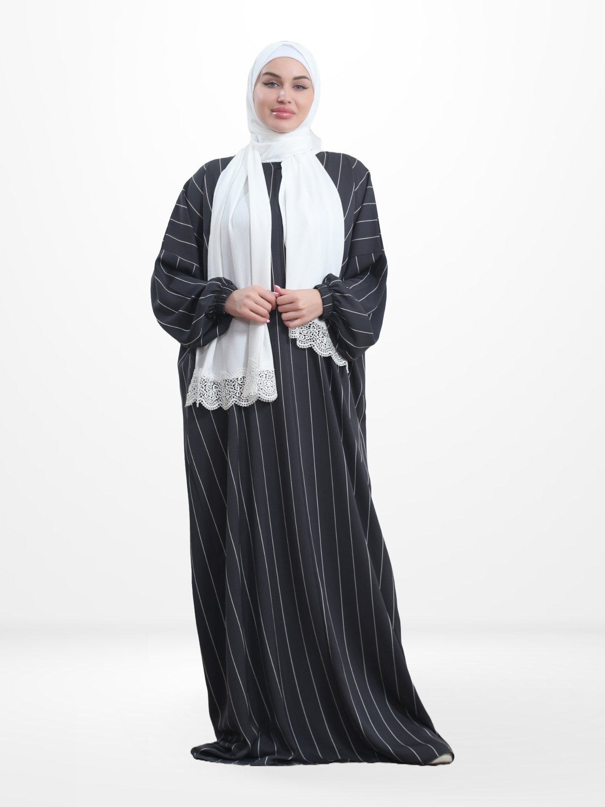 One - Piece Prayer Dress & Abaya with attached Hijab - Striped Crepe With White Scarf - Modest Essence