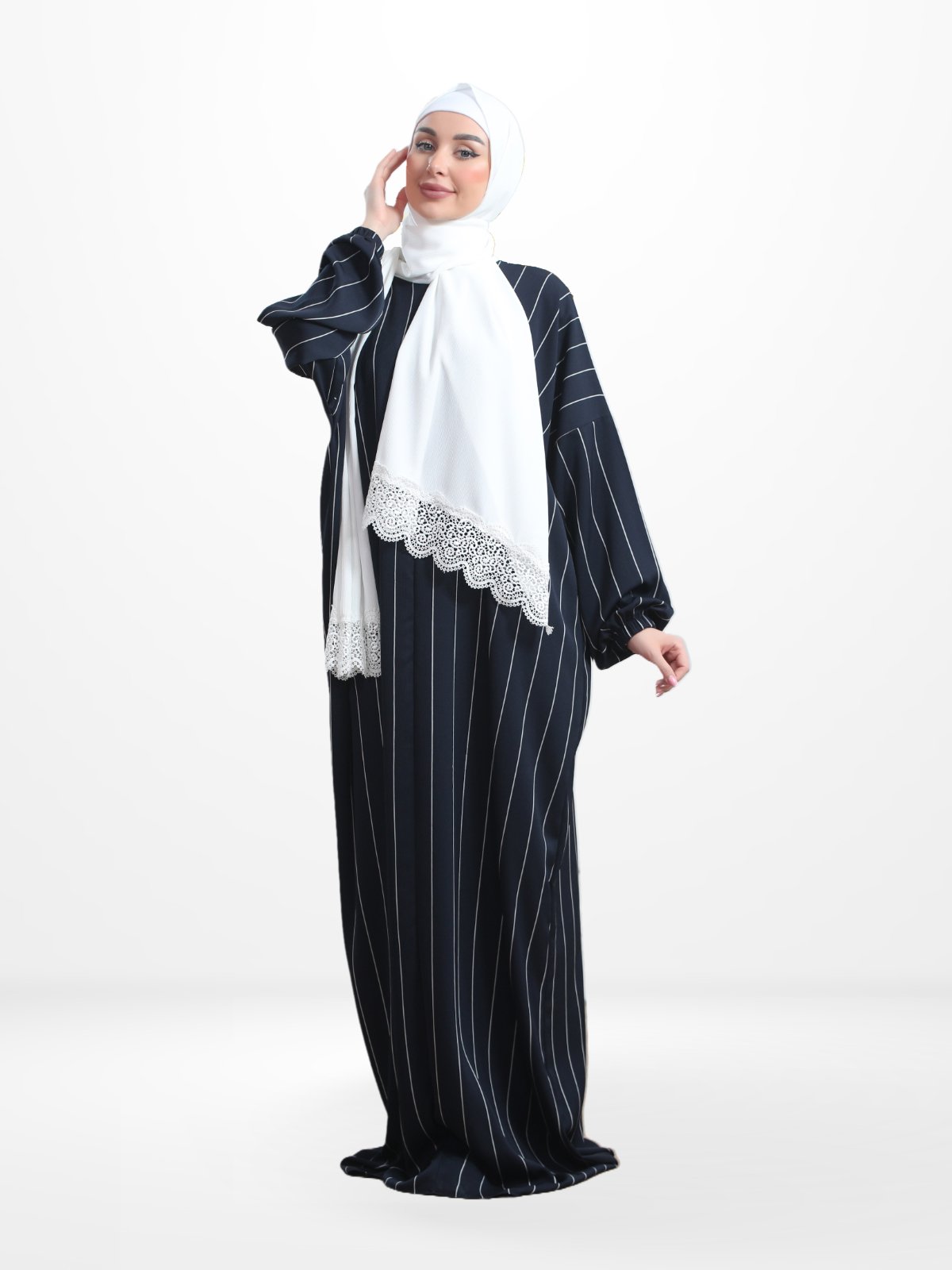 One - Piece Prayer Dress & Abaya with attached Hijab - Striped Crepe With White Scarf - Modest Essence