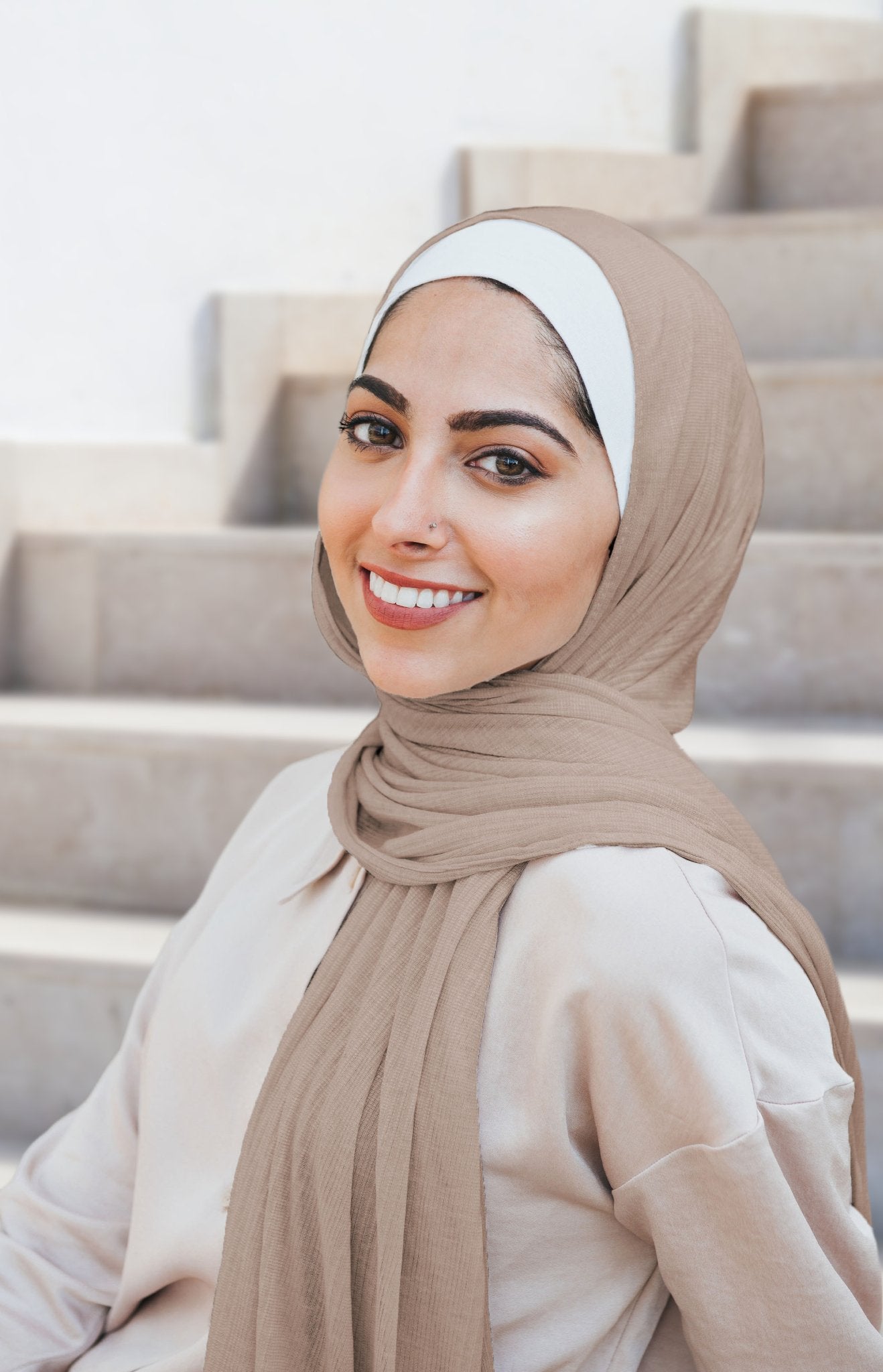 Beige Fine Striped Jersey Hijab - Modesty Box