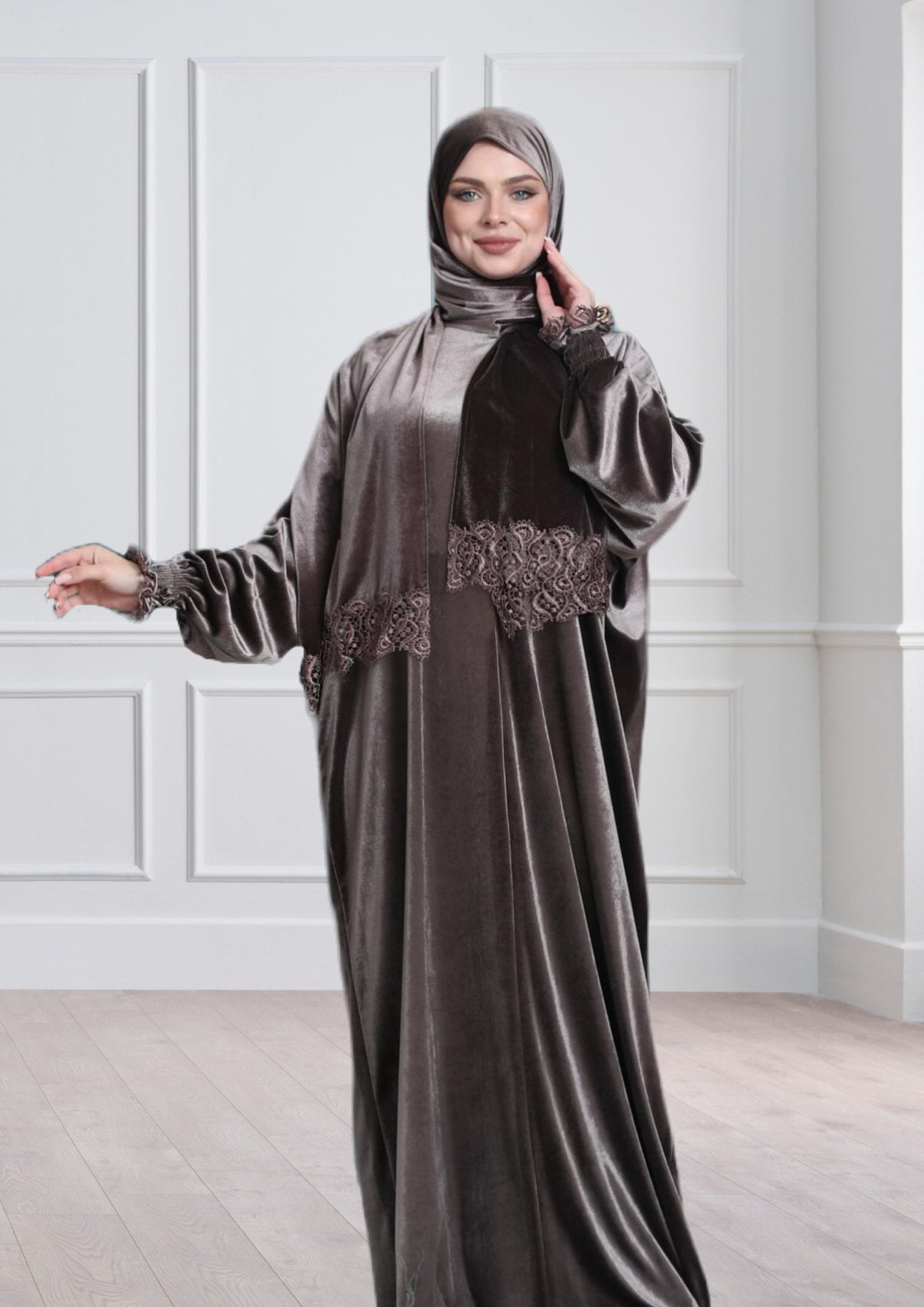 One-Piece Prayer Dress & Abaya with attached Hijab - Velvet - Modest Essence
